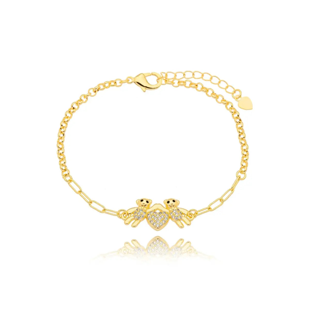 Pulseira Ursinhos com Coração Cravejado Banhada em Ouro 18K
