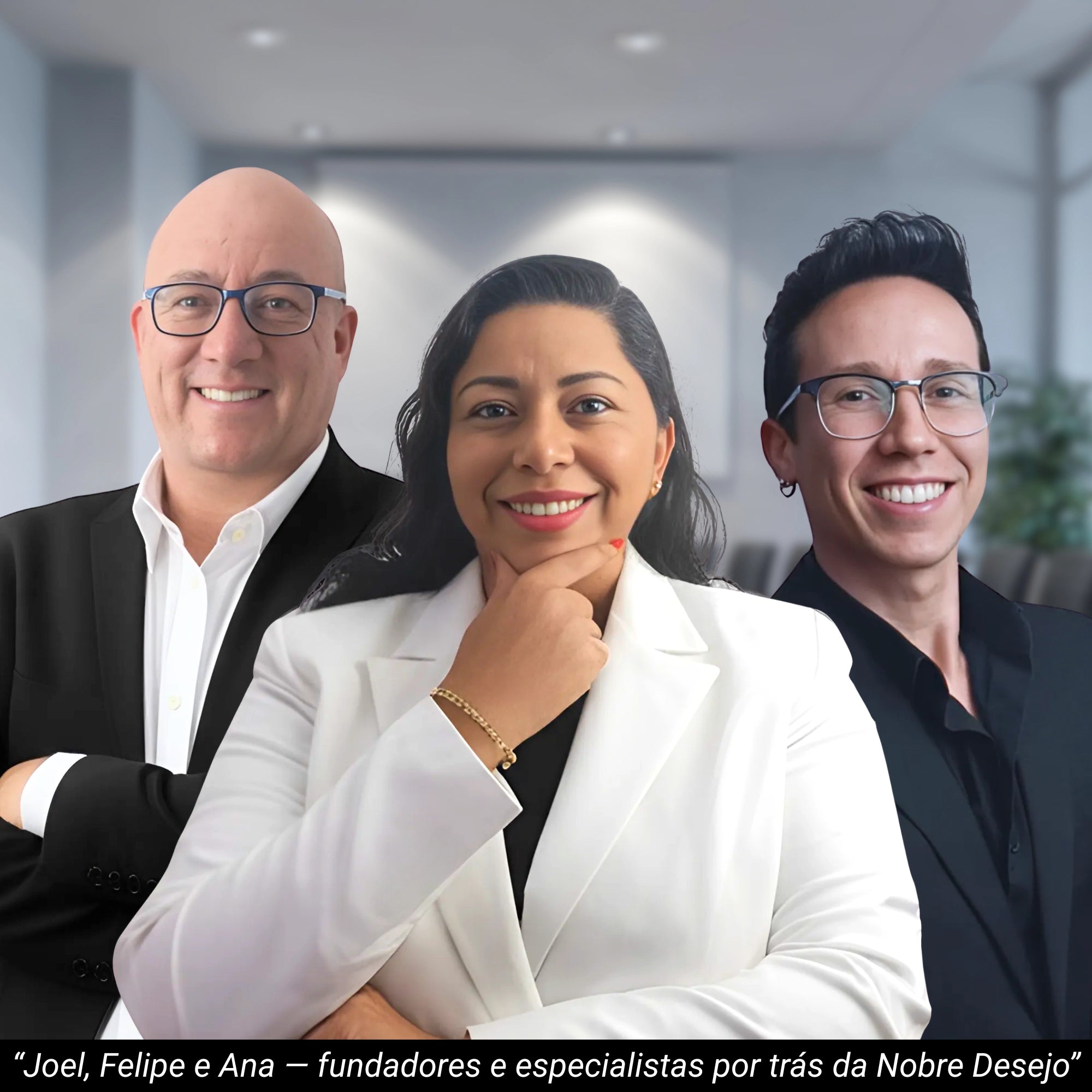Joel, Felipe e Ana — fundadores e especialistas por trás da Nobre Desejo
