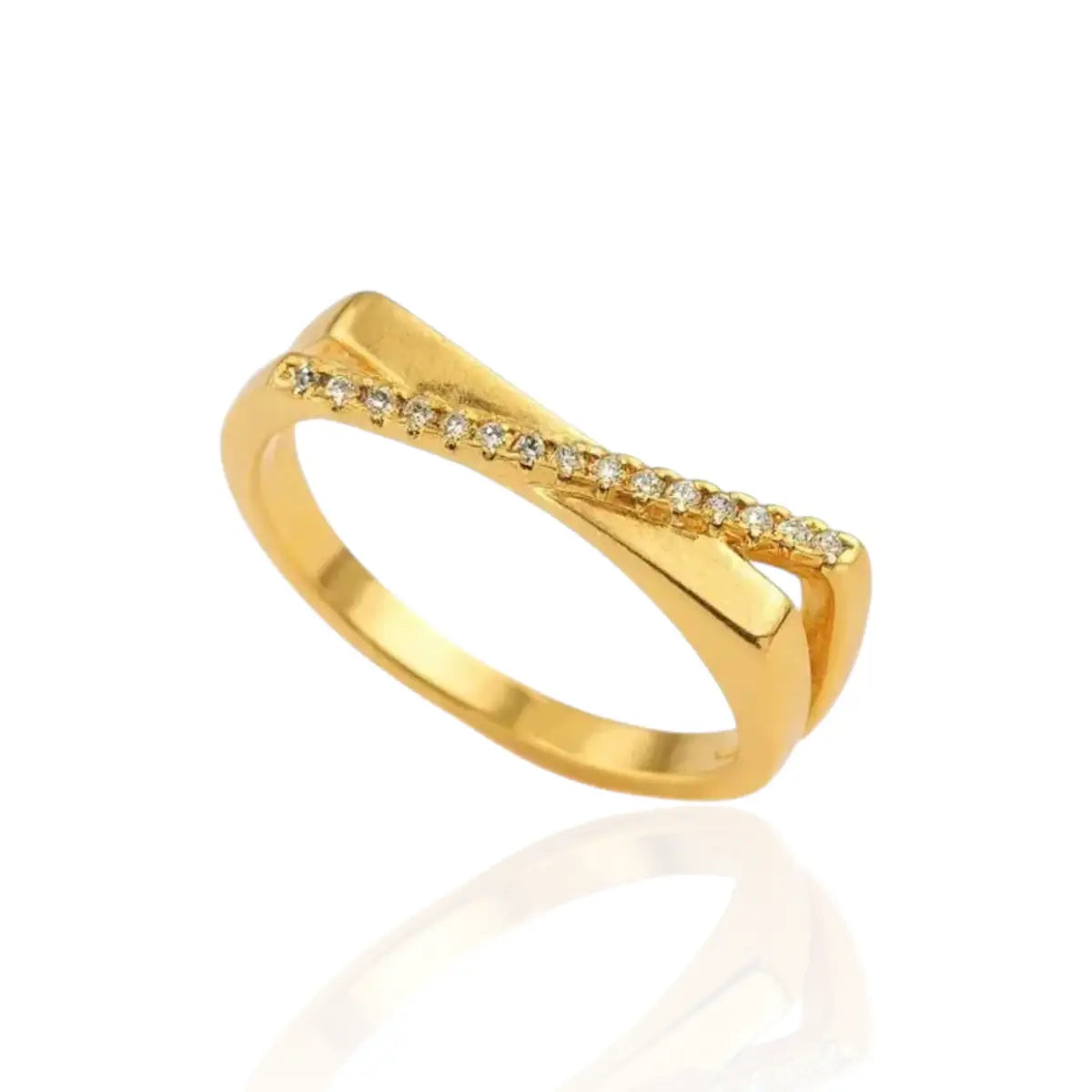Anel Liso com Zircônias Cravejado em X Banhado a Ouro 18K