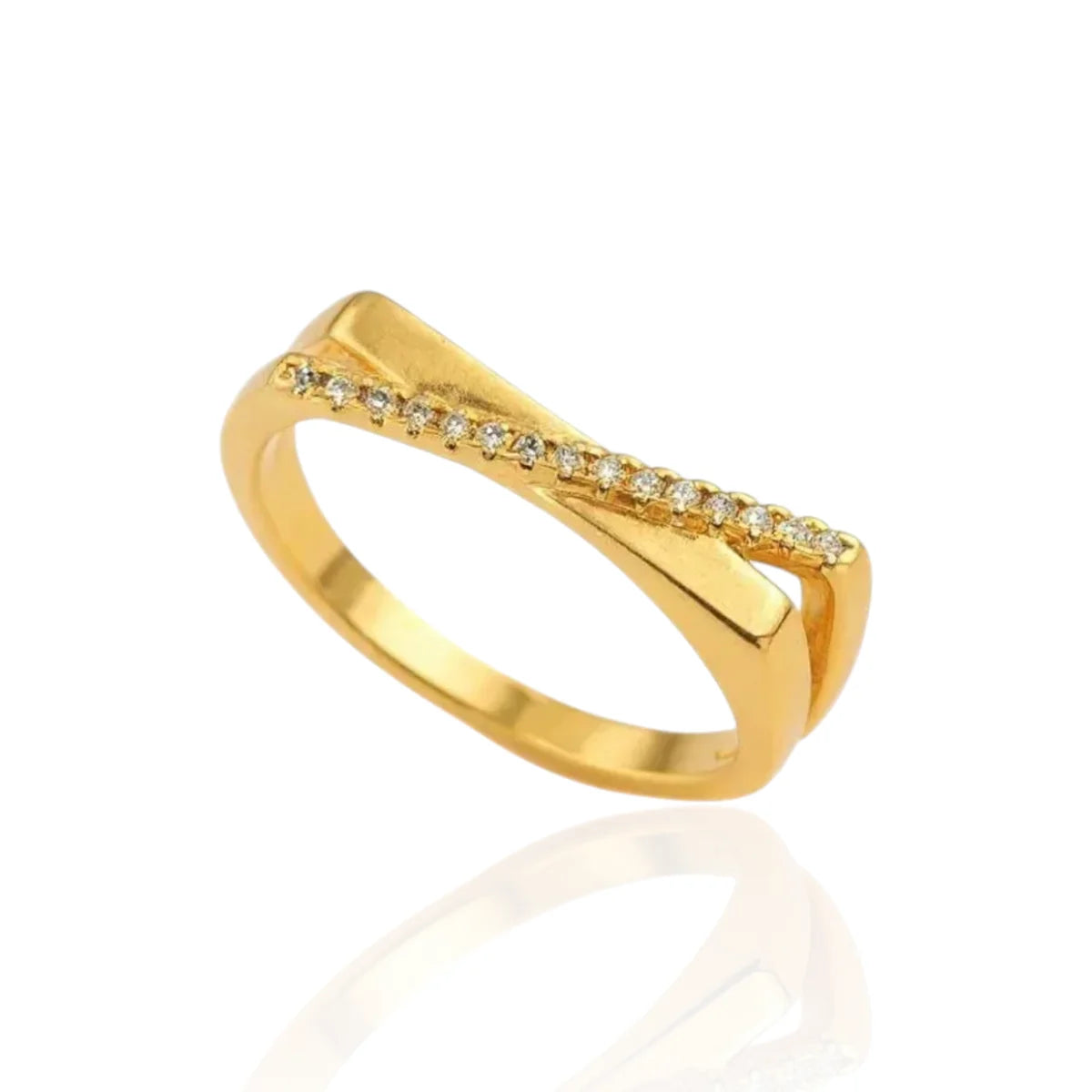 Anel Liso com Zircônias Cravejado em X Banhado a Ouro 18K