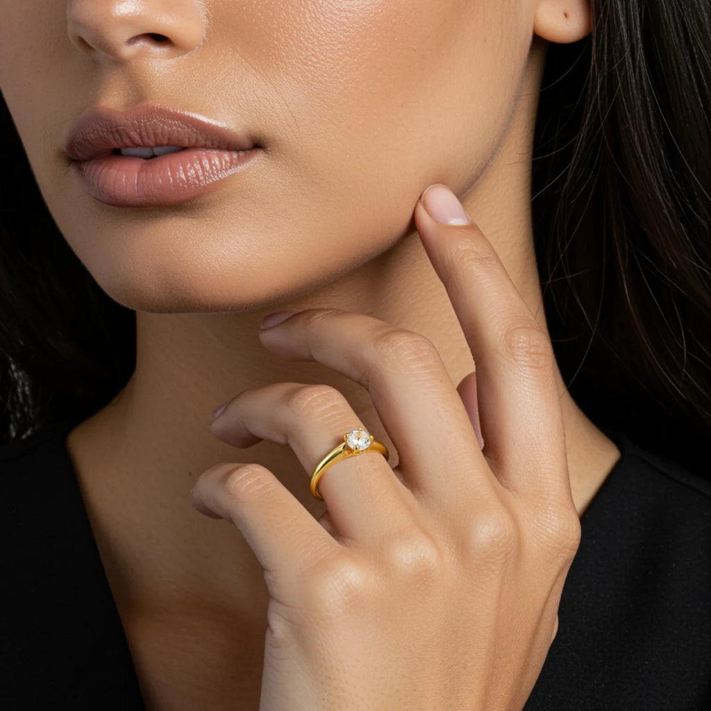 Anel Solitário Clássico Zircônia Redonda Banhado a Ouro 18K