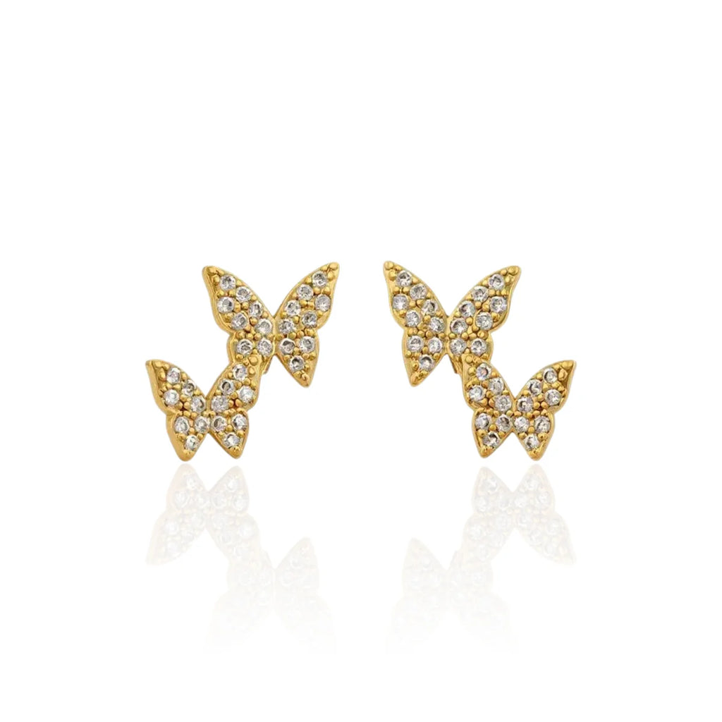 Brinco Borboletas com Zircônias Cravejadas Banhado a Ouro 18K