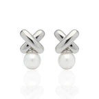 Brinco Formato X Trançado com Pérola Clássica em Prata 925