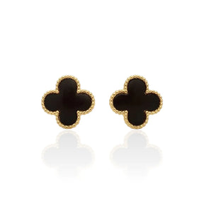 Brinco Trevo de Quatro Folhas Ônix Liso Banhado a Ouro 18K