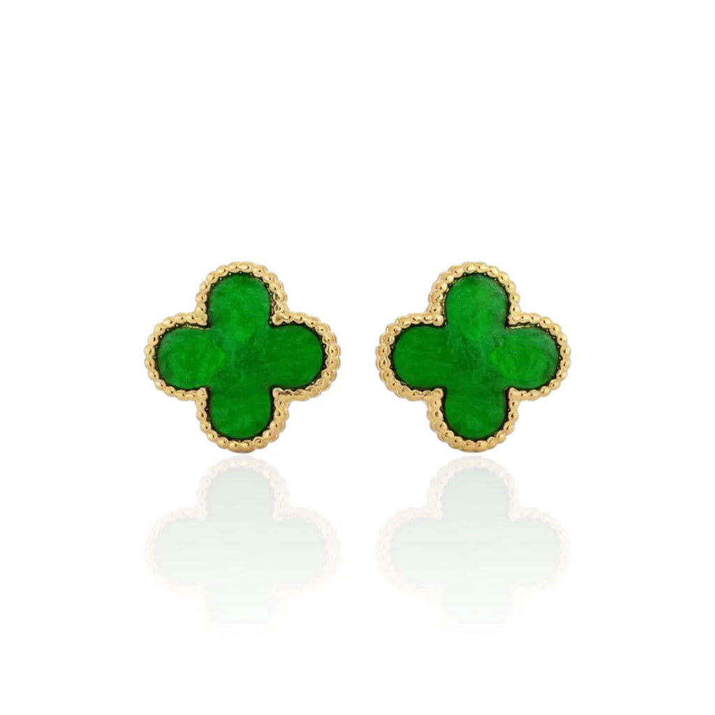 Brinco Trevo de Quatro Folhas Verde Liso Banhado a Ouro 18K