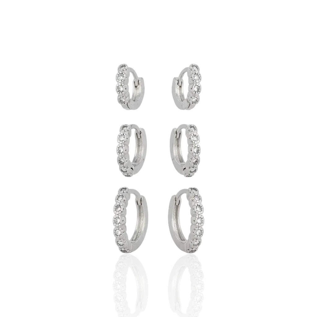 Brinco Trio de Argolinhas Pedras de Zircônias em Prata 925