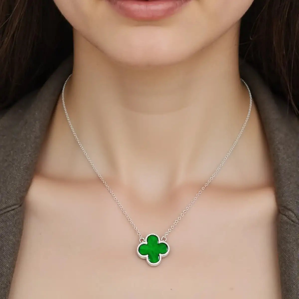 Colar Trevo de Quatro Folhas Verde em Prata 925