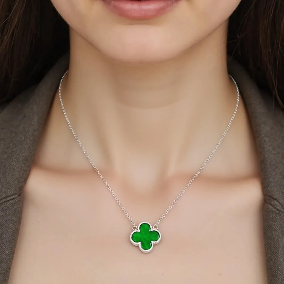Colar Trevo de Quatro Folhas Verde em Prata 925