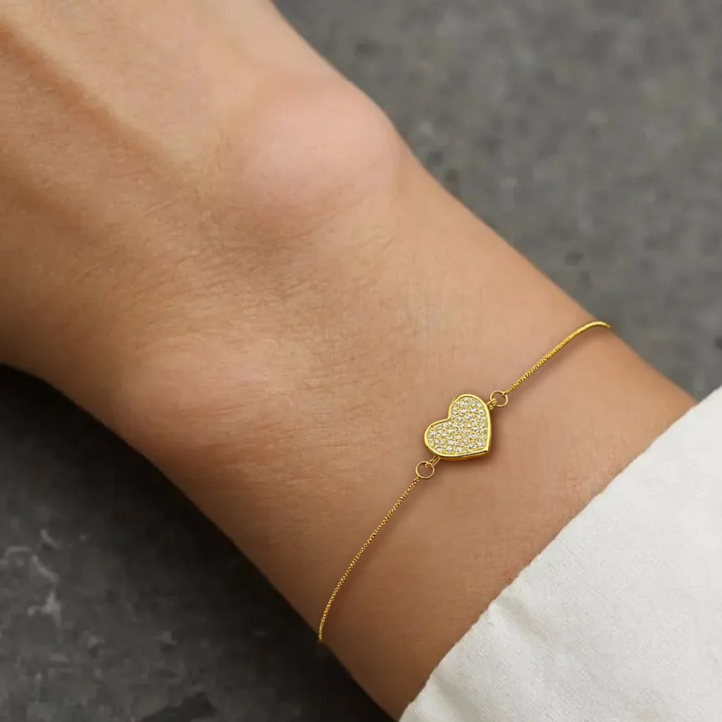 Pulseira Coração com Zircônias Cravejado Banhada a Ouro 18K