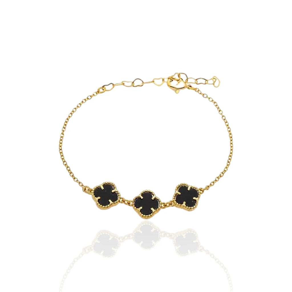 Pulseira Trevo de Quatro Folhas Ônix Banhada a Ouro 18K