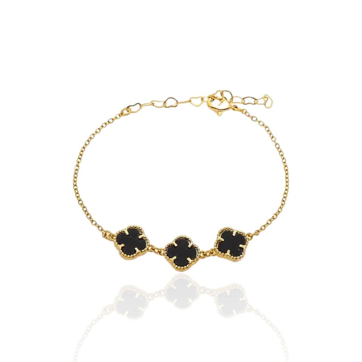 Pulseira Trevo de Quatro Folhas Ônix Banhada a Ouro 18K