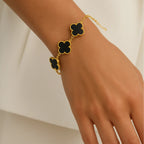 Pulseira Trevo de Quatro Folhas Ônix Banhada a Ouro 18K