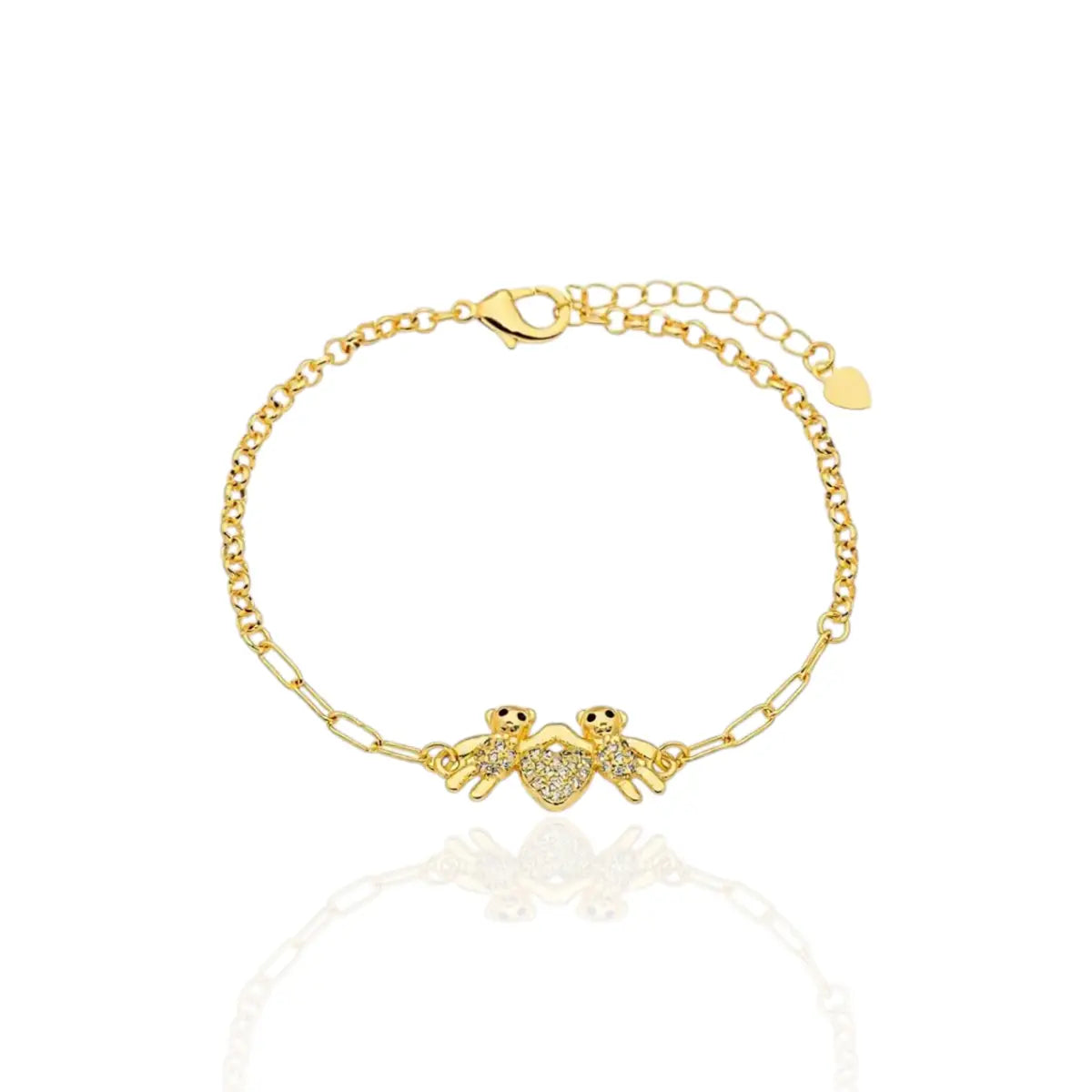 Pulseira Ursinhos com Coração Cravejado Banhada a Ouro 18K