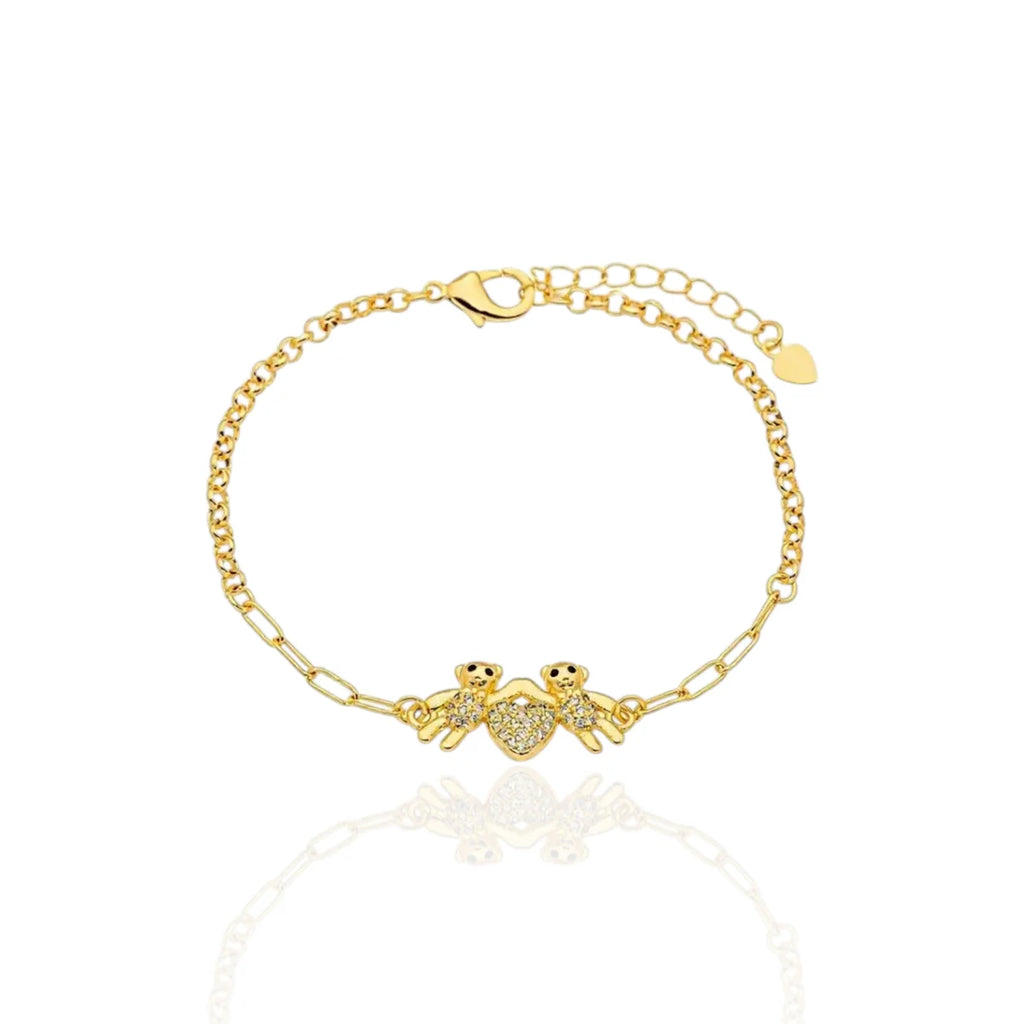 Pulseira Ursinhos com Coração Cravejado Banhada a Ouro 18K