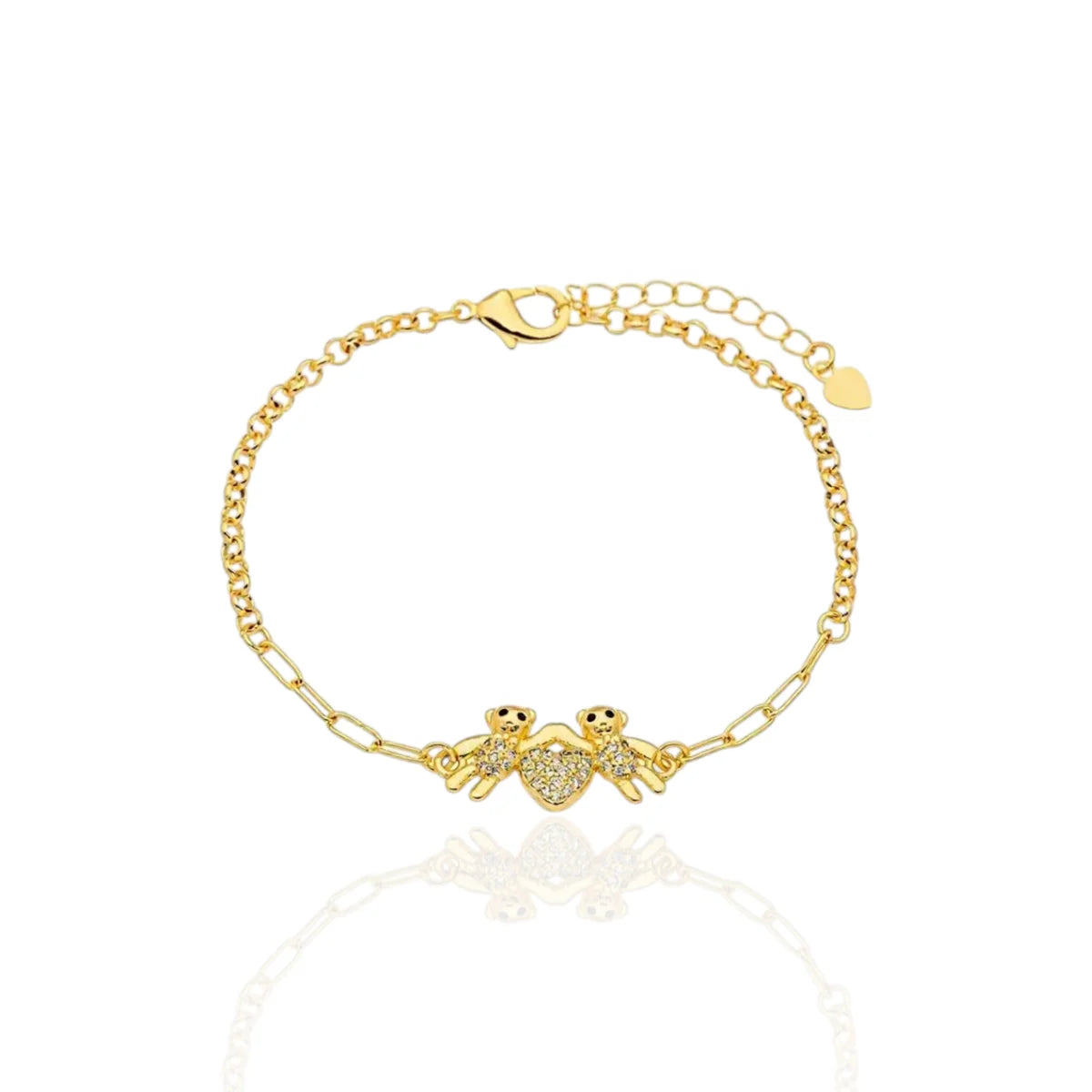 Pulseira Ursinhos com Coração Cravejado Banhada a Ouro 18K